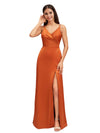 Elegant Spaghetti Straps V-Neck A-Line Soft Satin Simple Floor Length Bridesmaid Dresses