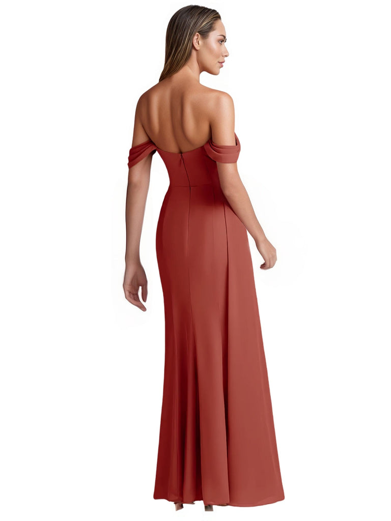 Sexy Mermaid Side Slit Chiffon Off The Shoulder Floor-Length Bridesmaid Dresses