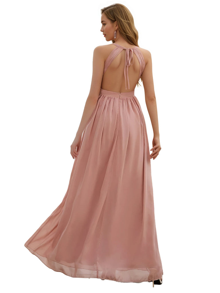 Elegant Chiffon Halter A-line Floor-Length Bridesmaid Dresses