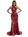 Elegant Halter Mermaid Ruched Satin Boho Chic Long Bridesmaid Dresses Slit