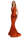 Elegant Deep V-Neck Silky Satin Pleated Mermaid Long Bridesmaid Dresses Online