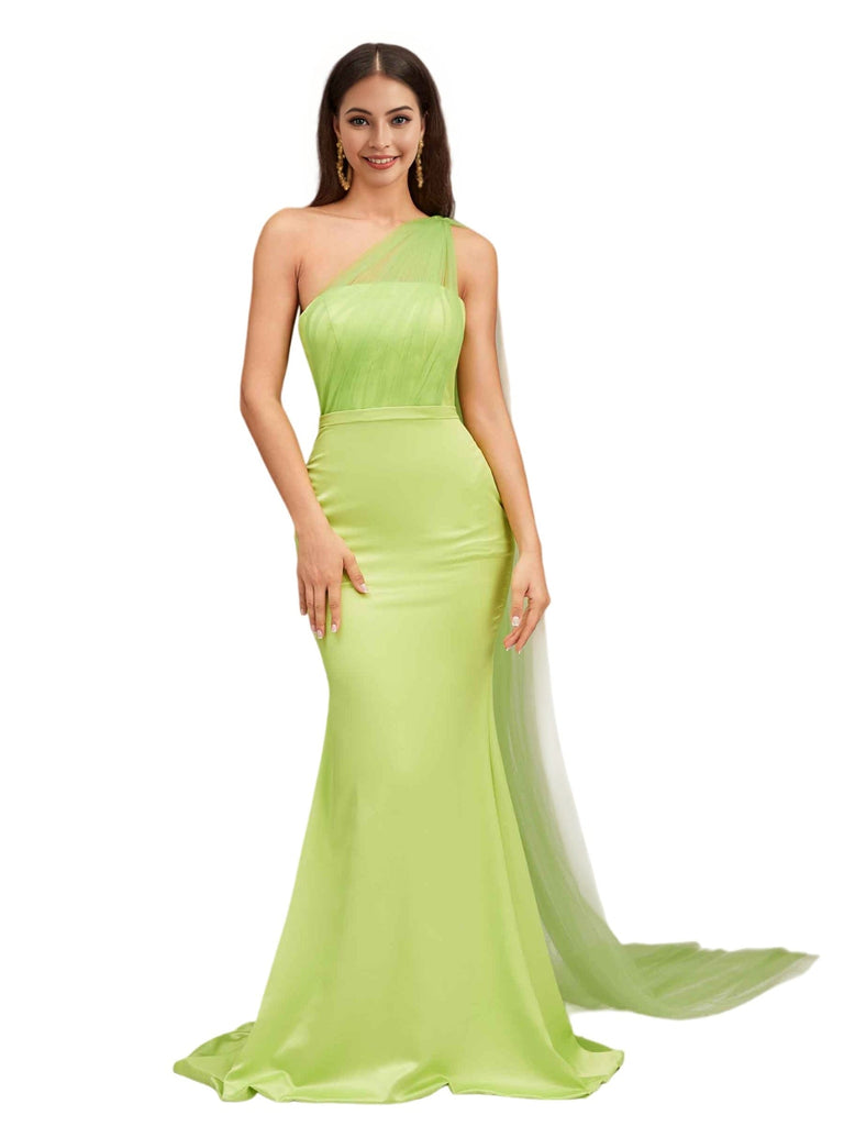 Elegant Mermaid One Shoulder Zipper Back Soft Satin Long Bridesmaid Dresses