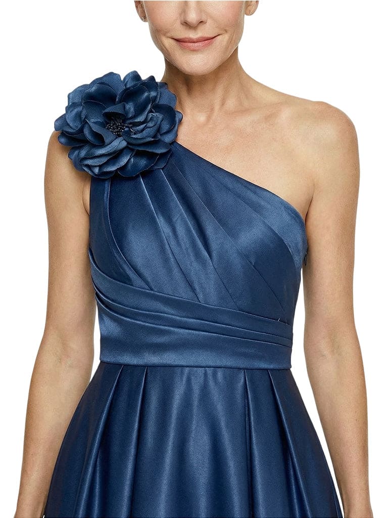 Elegant One Shoulder Satin A-Line Mother Of The Bride Gown With Unique Floral Applique