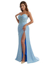 Gorgeous Strapless Sweetheart Lace Mermaid Satin Long Bridesmaid Dresses Side Slit