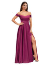 Elegant Off Shoulder A-Line Side Slit Soft Satin Long Bridesmaid Dresses