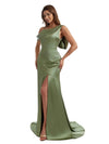 Elegant Asymmetric One Shoulder Mermaid Satin Long Bridesmaid Dresses Online Side Split