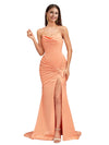 Sexy Mermaid Spaghetti Straps Side Slit Ruched Soft Satin Pretty Long Bridesmaid Dresses