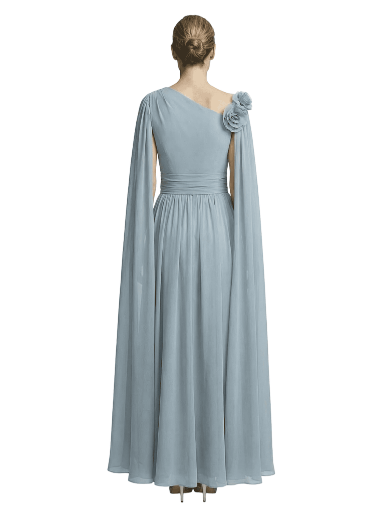 One Shoulder Chiffon Mother Of The Bride Dress Cape Sleeves Floor-Length Gown Formal Wedding Attire