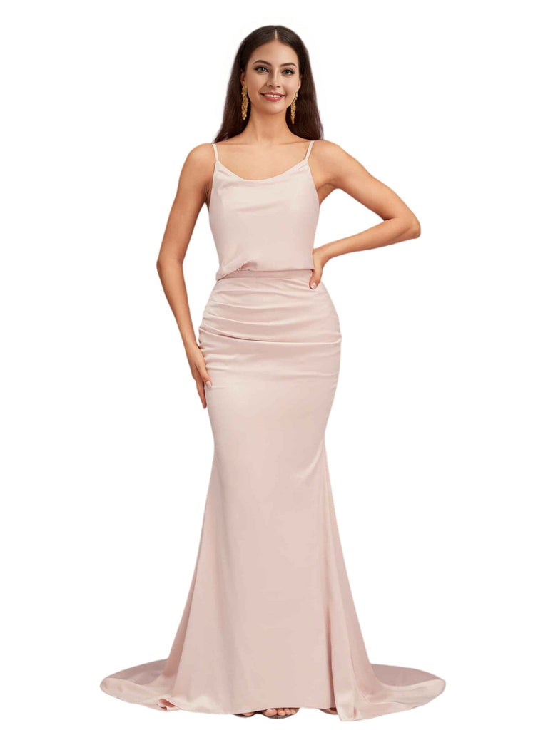 Elegant Spaghetti Straps Mermaid Cowl Neck Backless Soft Satin Long Bridesmaid Dresses