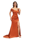 Sexy Side Slit Mermaid Off The Shoulder Soft Satin Unique Long Bridesmaid Dresses Online