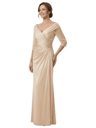 Elegant V-Neck Off Shoulder Ruched Satin Mermaid Mother Of The Bride Dresses With Sleeve