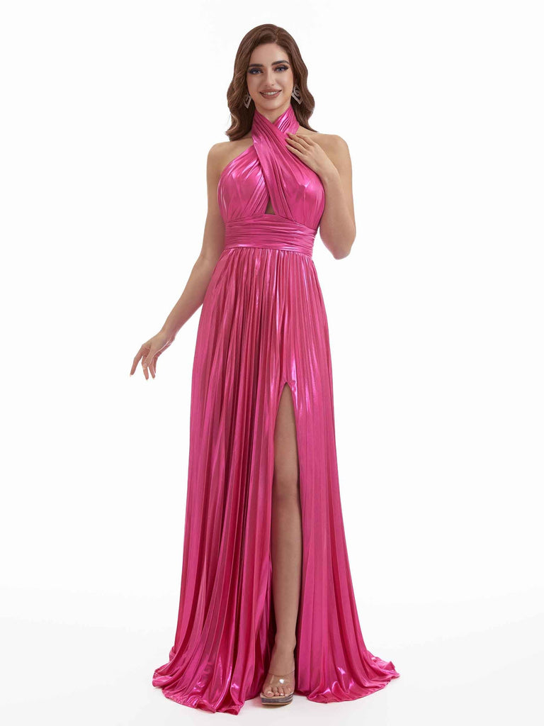 Sexy Side Split A-Line Halter Open Back Metallic Stretch Shiny Fabric Long Wedding Guest Dresses