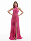 Sexy Side Split A-Line Halter Open Back Metallic Stretch Shiny Fabric Long Wedding Guest Dresses