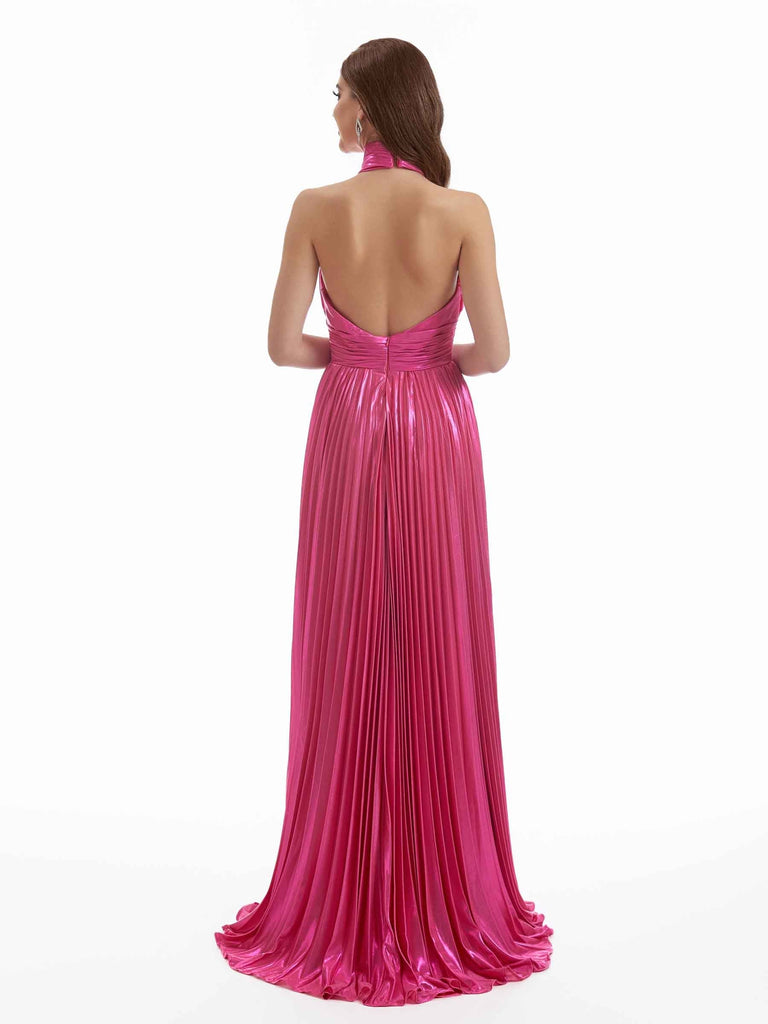 Sexy Side Split A-Line Halter Open Back Metallic Stretch Shiny Fabric Long Wedding Guest Dresses