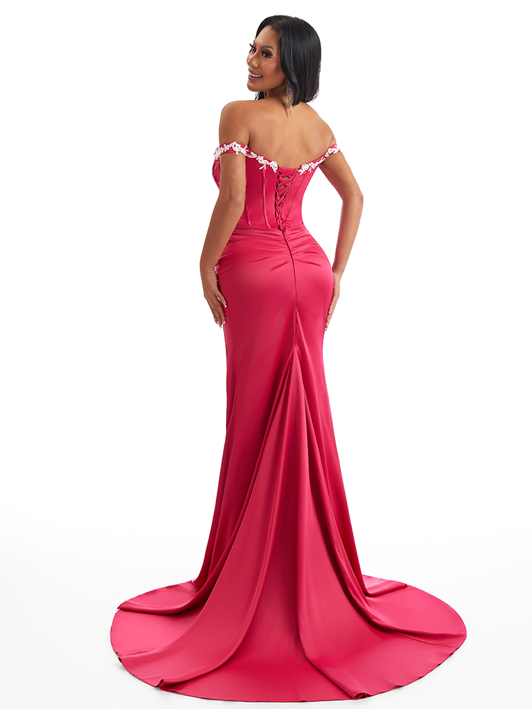 Sexy Off Shoulder Mermaid Soft Satin Twisted Knot Side Slit Long Bridesmaid Dresses Online