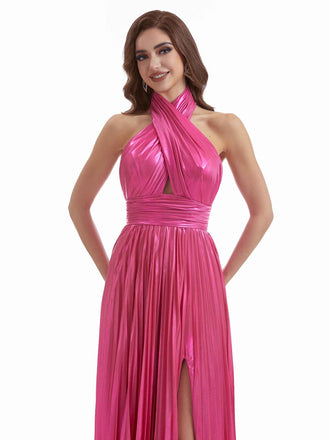 Sexy Side Split A-Line Halter Backless Metallic Backless Long Dresses Online