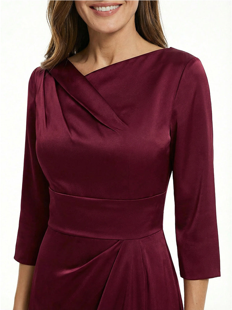 Modern Asymmetrical Neck 3/4 Sleeves Satin Mother Of The Bride Evening Gown