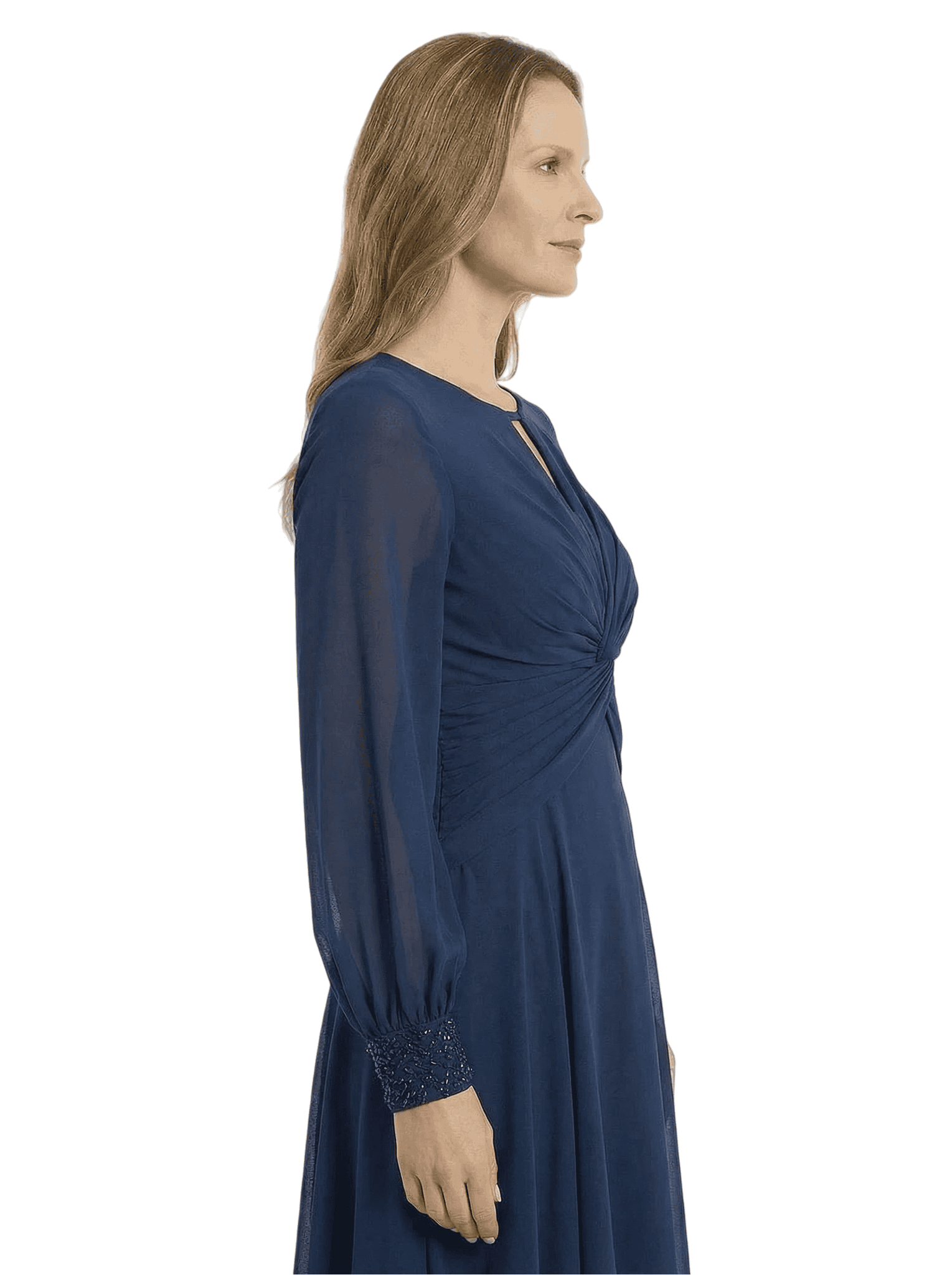 Mother of The Groom Dress Keyhole Neck Long Sleeve Chiffon Tea-Length A-Line Gown