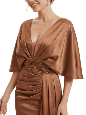Mother of The Bride Dress V-Neck Cape Sleeve Satin Ruched Mermaid Floor-Length Gown Wedding Guest Formal Wear