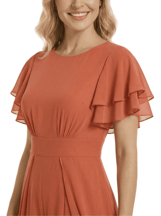 Mother of The Bride Pantsuit Round Neck Ruffled Short Sleeve Chiffon Floor-Length Pantsuit Trendy Unique Bride Mother Formal Attire