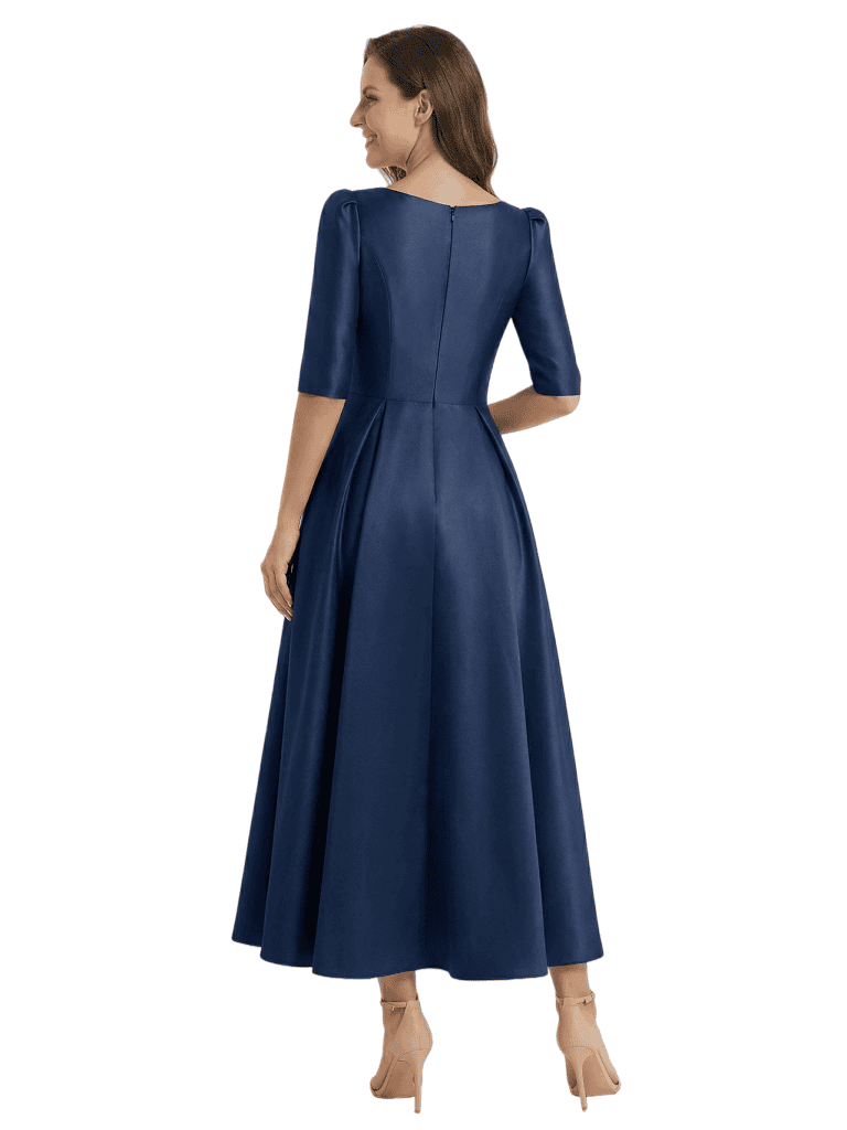 Mother of The Bride Gown Half Sleeves V-Neck Satin Mermaid Tea-lengh Stylish Formal Gown