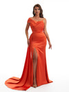 Elegant Off The Shoulder Side Slit Mermaid Satin Ruched Unique Long Bridesmaid Dresses