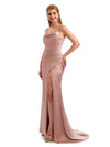 Scoop Sexy Side Split Long Satin Boho Chic Stretchy Satin Bridesmaid Dresses Online