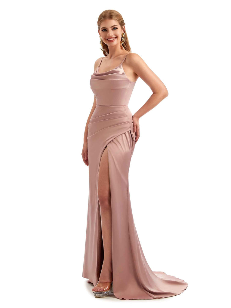 Scoop Sexy Side Split Long Satin Boho Chic Stretchy Satin Bridesmaid Dresses Online