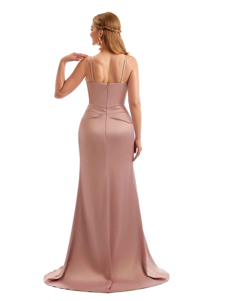 Scoop Sexy Side Split Long Satin Boho Chic Stretchy Satin Bridesmaid Dresses Online