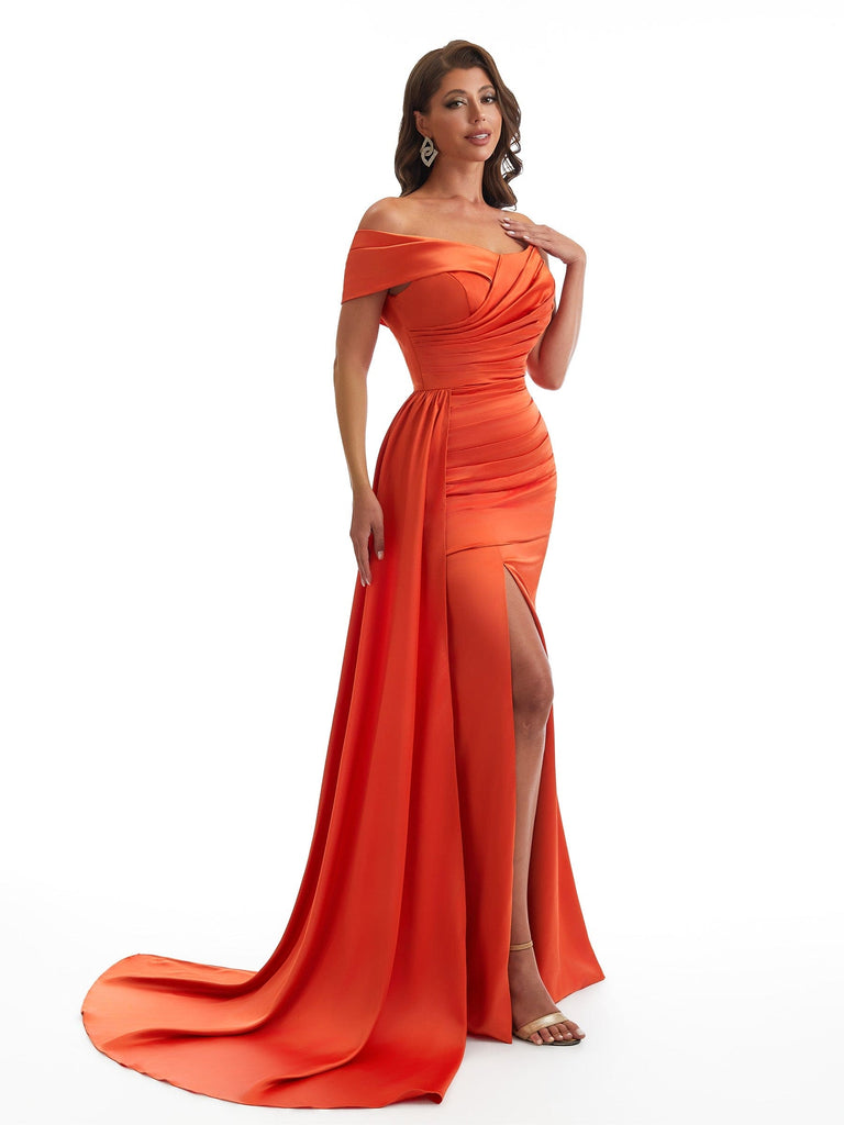 Elegant Off The Shoulder Side Slit Mermaid Satin Ruched Unique Long Bridesmaid Dresses
