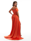 Elegant Off The Shoulder Side Slit Mermaid Satin Ruched Unique Long Bridesmaid Dresses