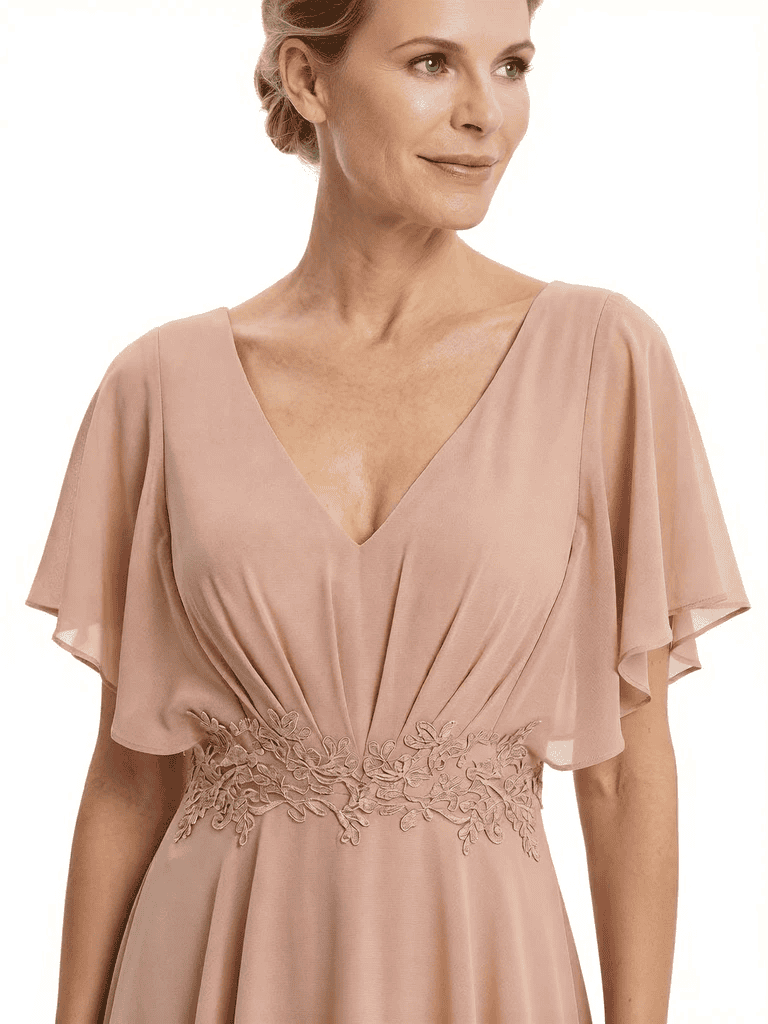 Stylish Mother Of The Bride Pantsuit V-Neck Flutter Sleeves Chiffon Overlay Jumpsuit