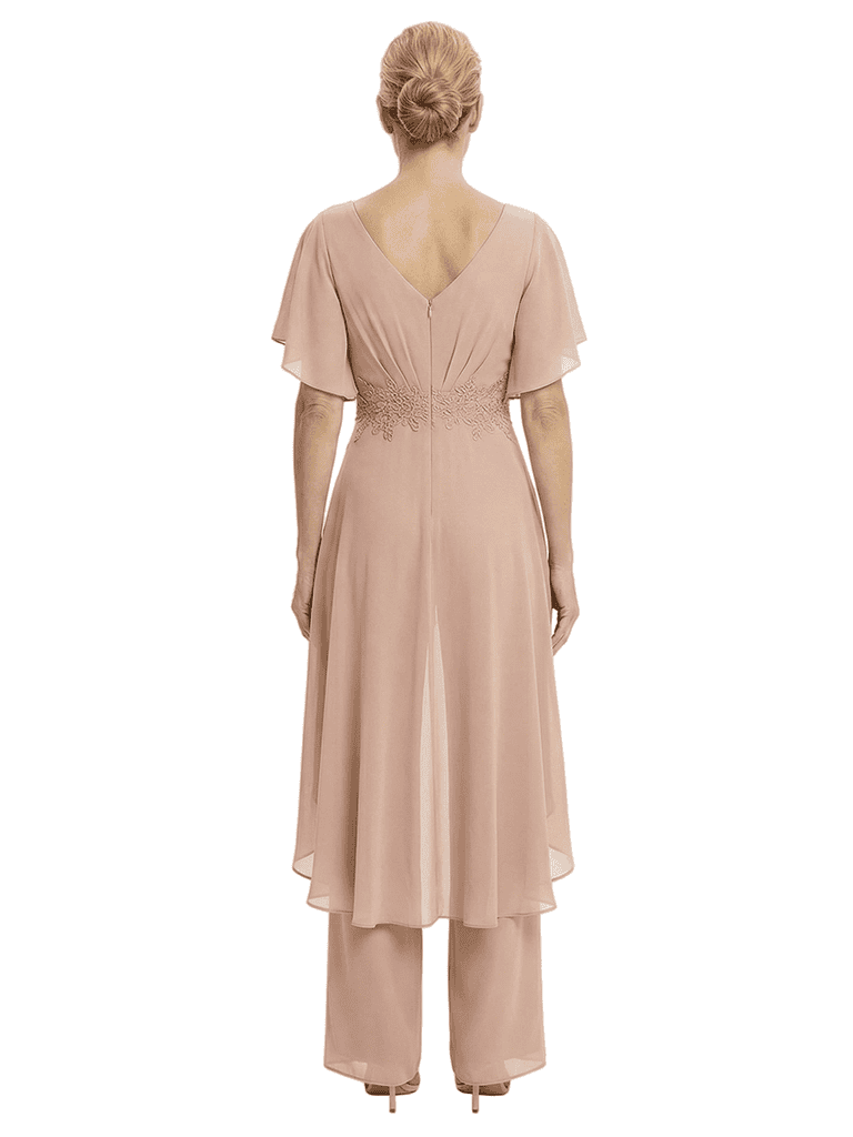 Stylish Mother Of The Bride Pantsuit V-Neck Flutter Sleeves Chiffon Overlay Jumpsuit