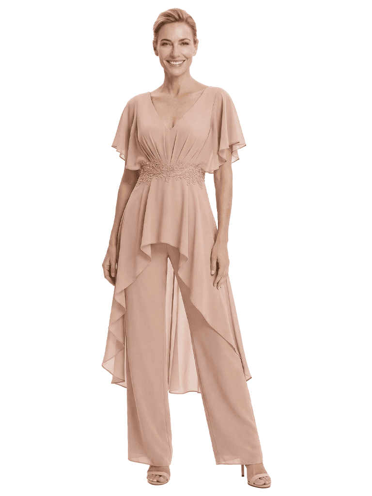 Stylish Mother Of The Bride Pantsuit V-Neck Flutter Sleeves Chiffon Overlay Jumpsuit