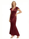 Chicsew Elegant Ruched Flutter Sleeves Satin Mermaid Mother of The Bride Dress