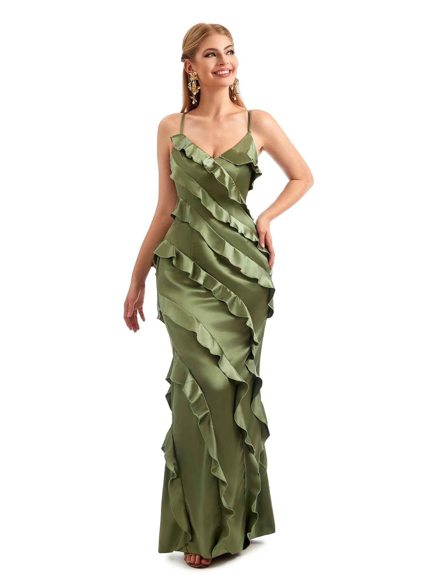 Women Spaghetti Straps Long Satin Ruffles Formal Bridesmaid Dresses UK Online