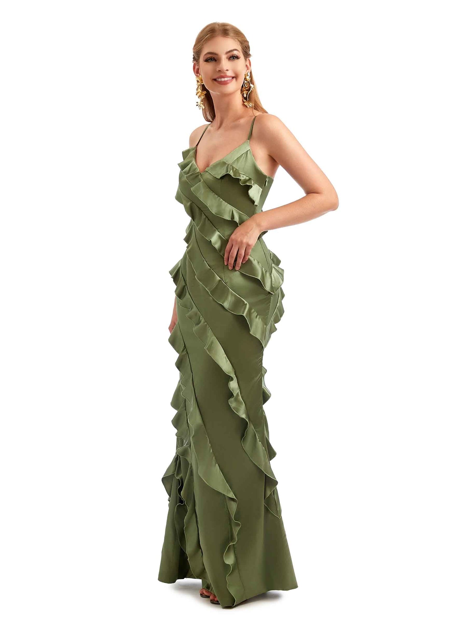 Women Spaghetti Straps Long Satin Ruffles Formal Bridesmaid Dresses UK Online