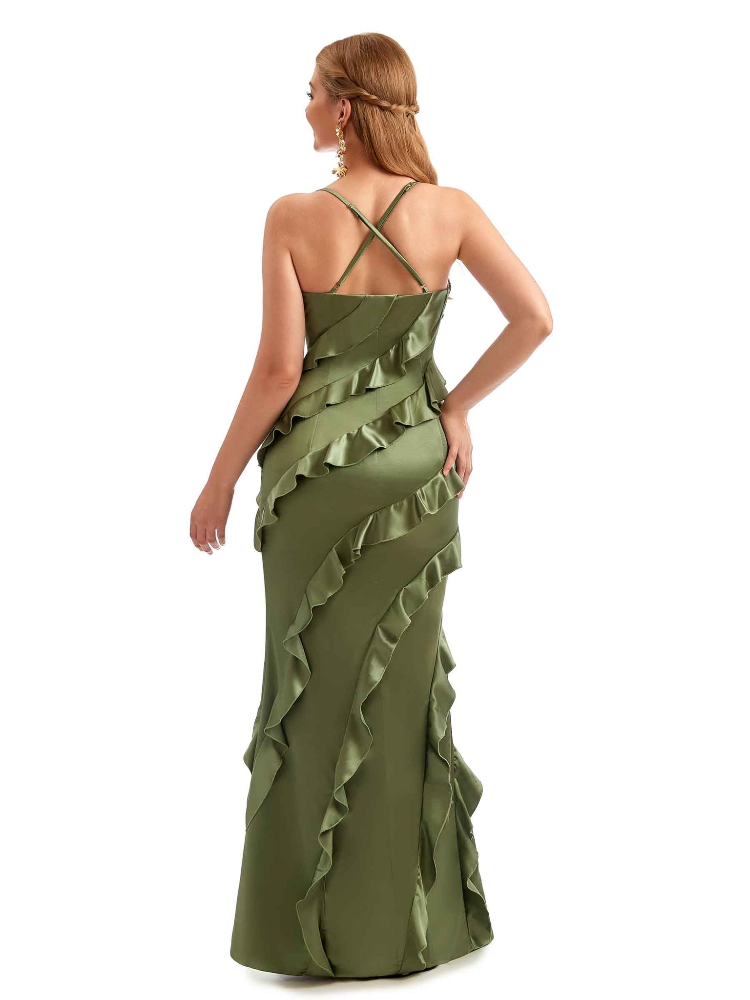 Women Spaghetti Straps Long Satin Ruffles Formal Bridesmaid Dresses UK Online