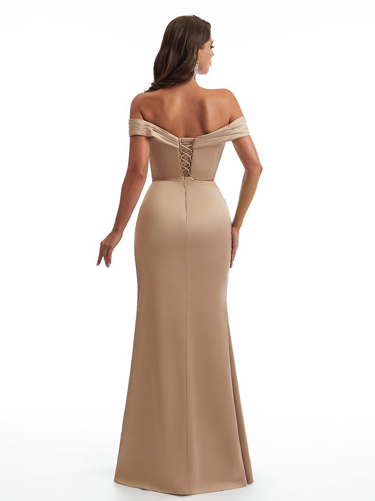 Sexy Off The Shoulder Side Slit Ruffle Mermaid Soft Satin Floor Length Bridesmaid Dresses Online