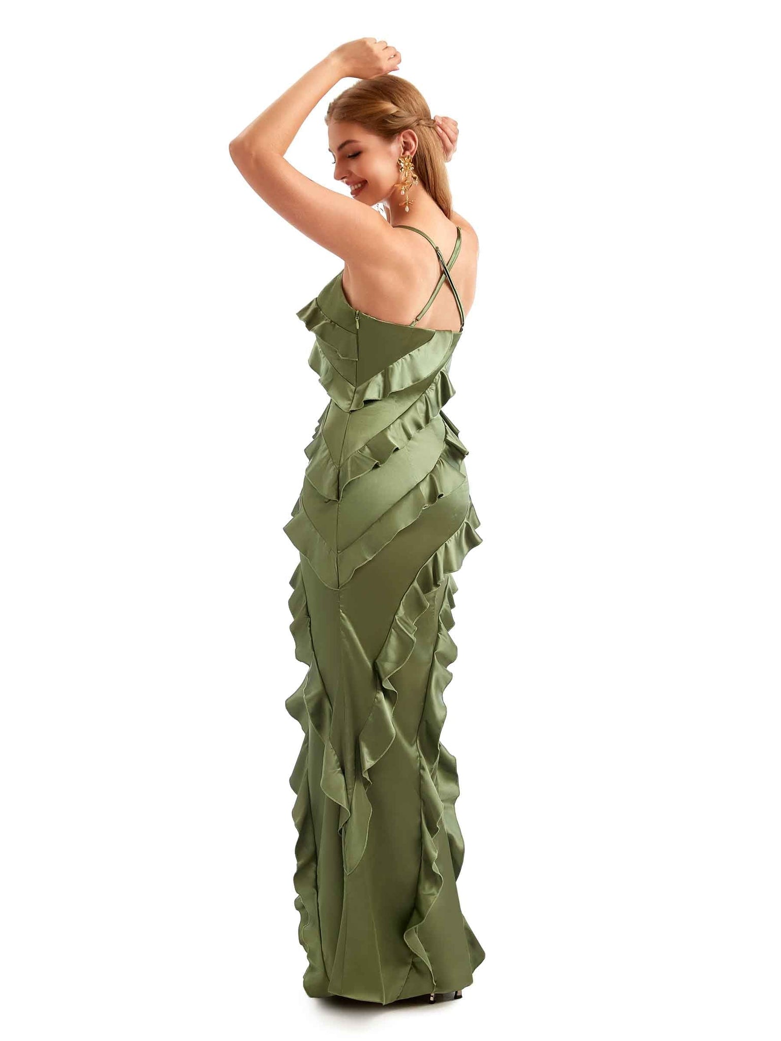 Women Spaghetti Straps Long Satin Ruffles Formal Bridesmaid Dresses UK Online