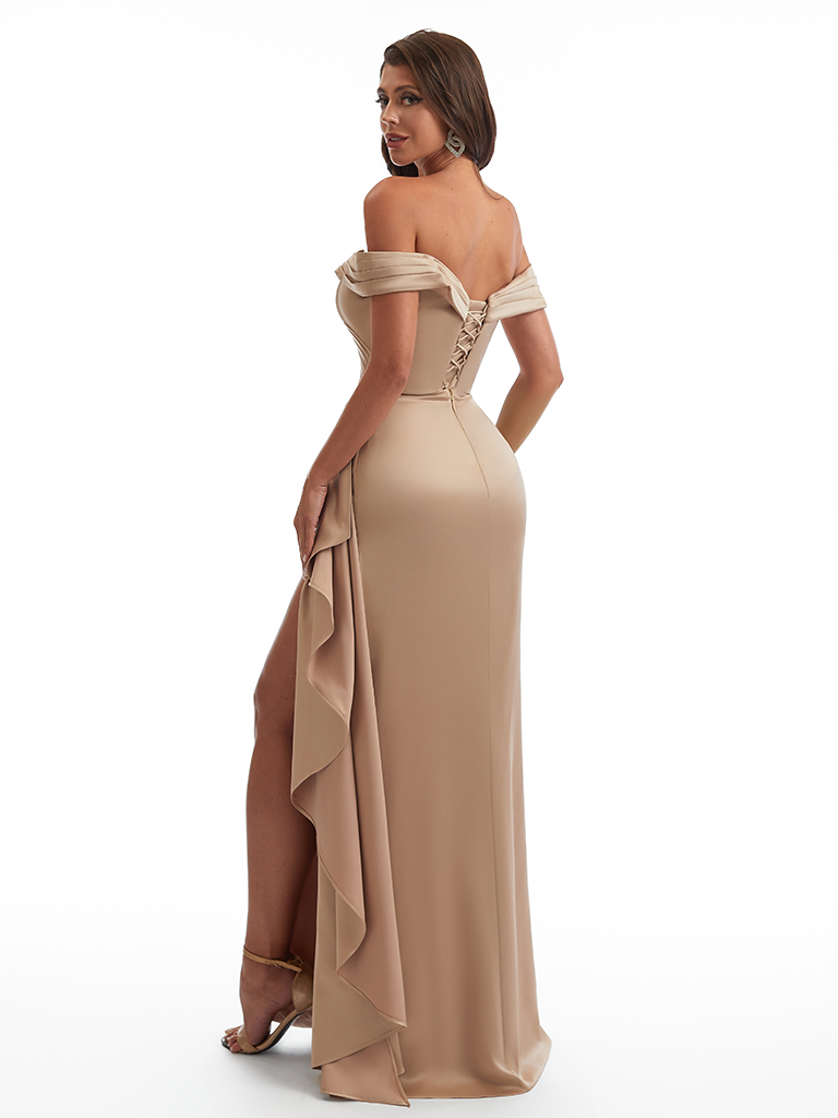 Sexy Off The Shoulder Side Slit Ruffle Mermaid Soft Satin Floor Length Bridesmaid Dresses Online