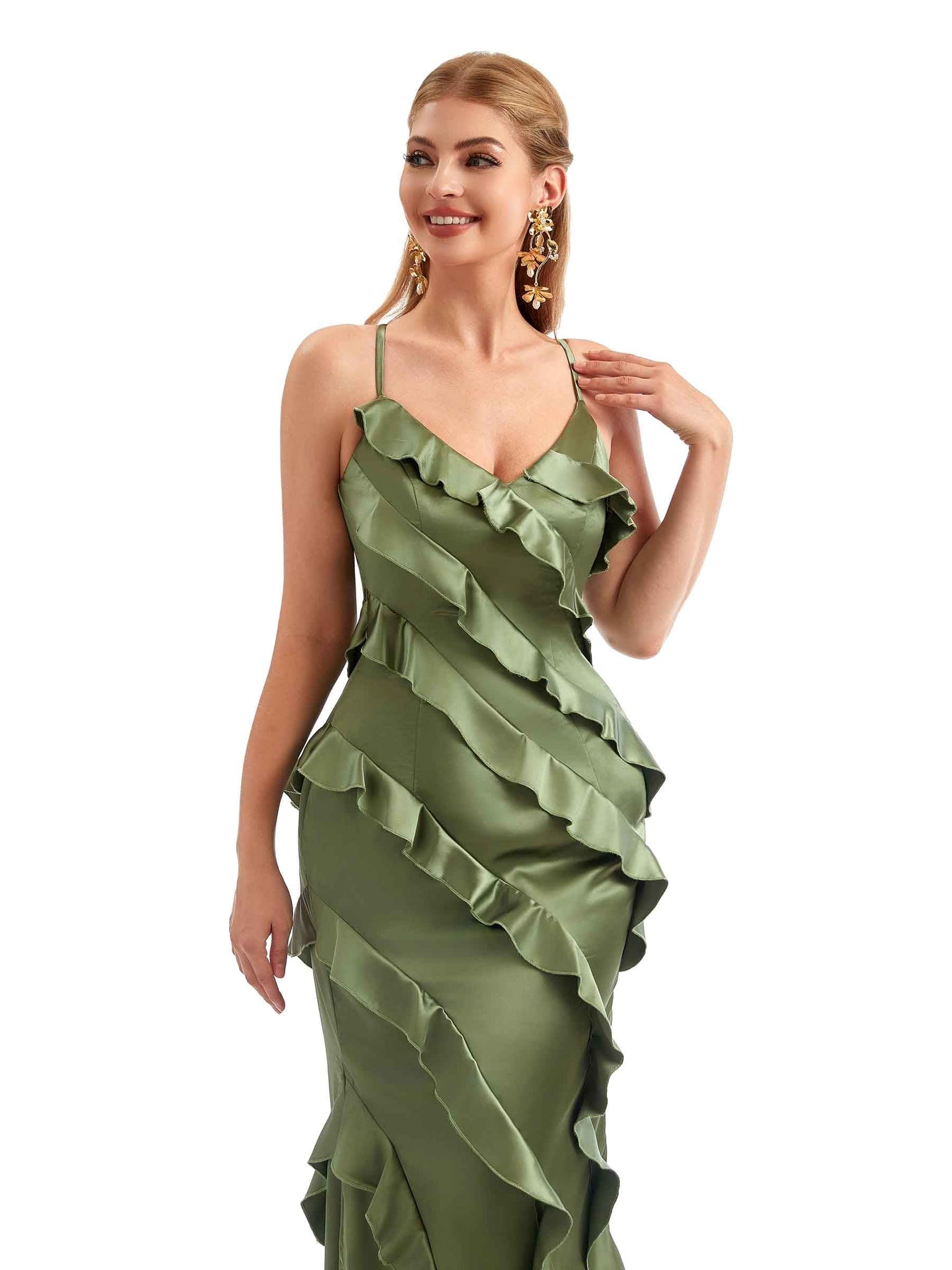 Women Spaghetti Straps Long Satin Ruffles Formal Bridesmaid Dresses UK Online
