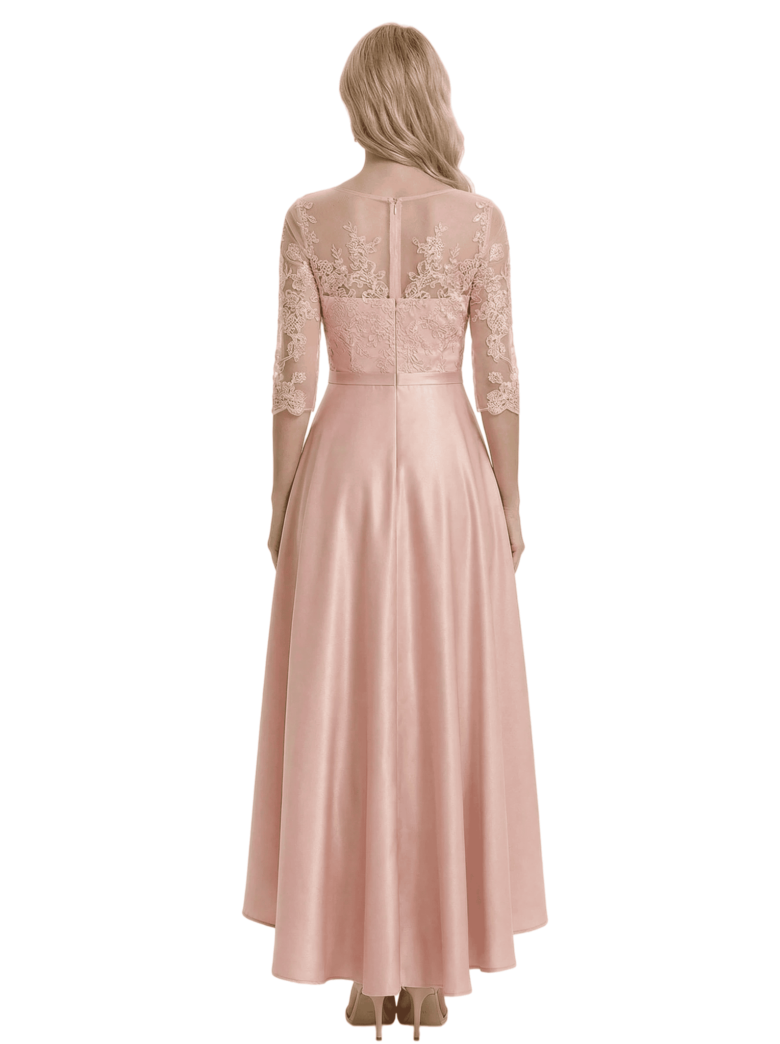 Chicsew Elegant Jewel Lace 3/4 Sleeves Satin High-Low A-Line Mother Of The Bride Dress