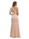 Unique One Shoulder Puff Sleeve Mother of The Groom Dress Satin Fitted Maxi Gown with Slit