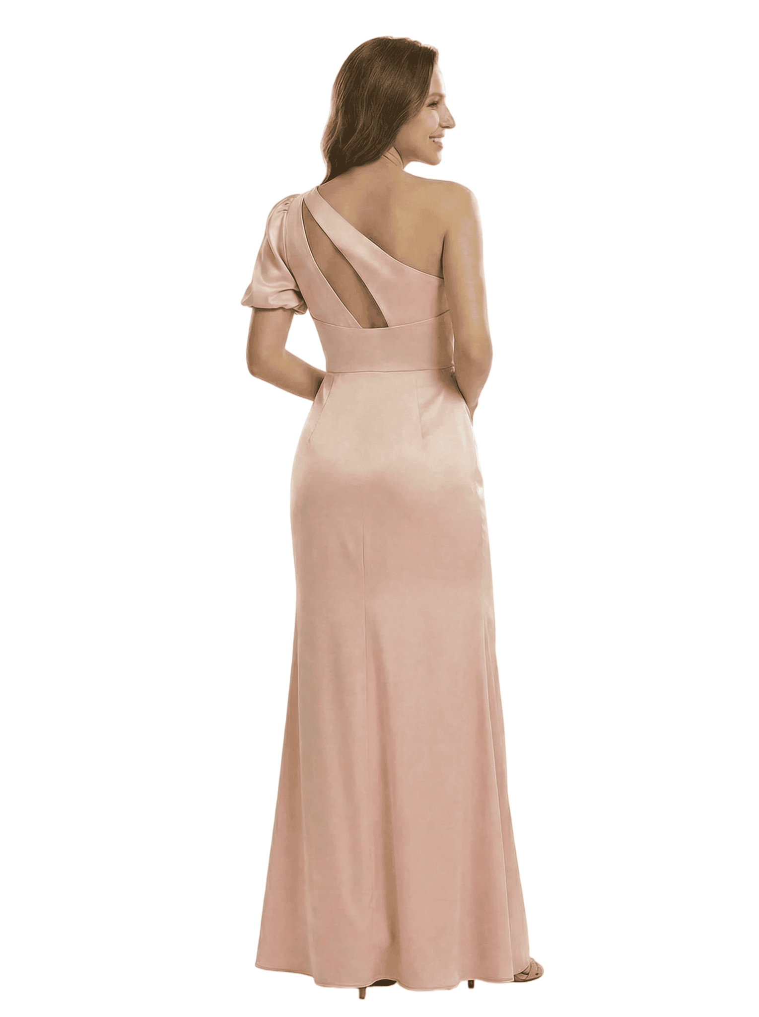 Unique One Shoulder Puff Sleeve Mother of The Groom Dress Satin Fitted Maxi Gown with Slit