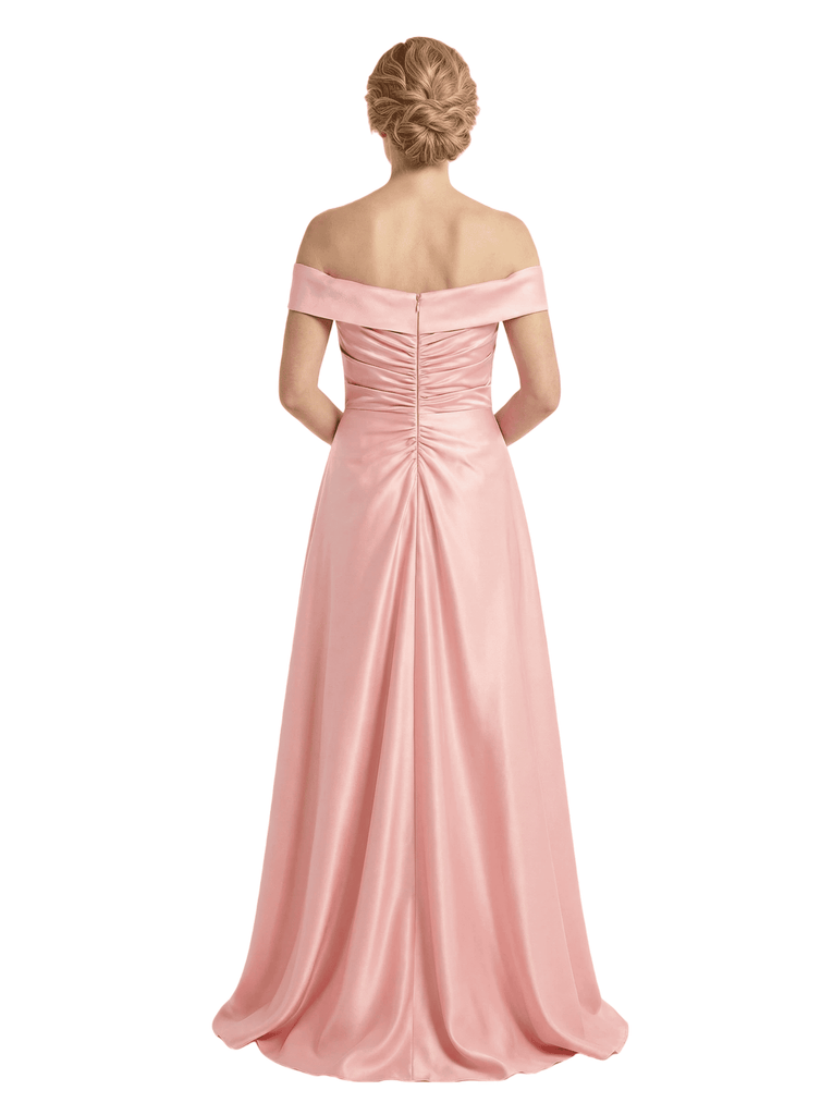 Elegant Off Shoulder Sleeveless Mother of The Bride Dress Satin A-Line Maxi Gown with Timeless Structured Bodice