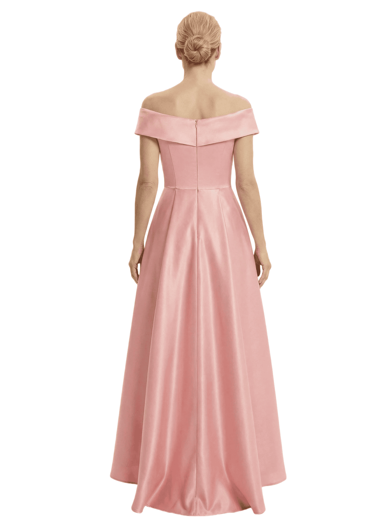 Elegant Off Shoulder Sleeveless Mother of The Bride Dress Satin A-Line High-Low Gown