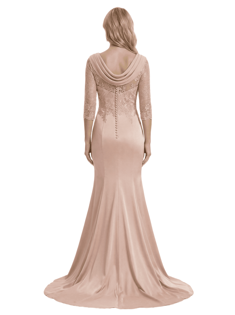 Chicsew Mother of The Bride Dress Satin Cowl 3/4 Sleeve Lace Trumpet Maxi Gown Beautiful Timeless Look