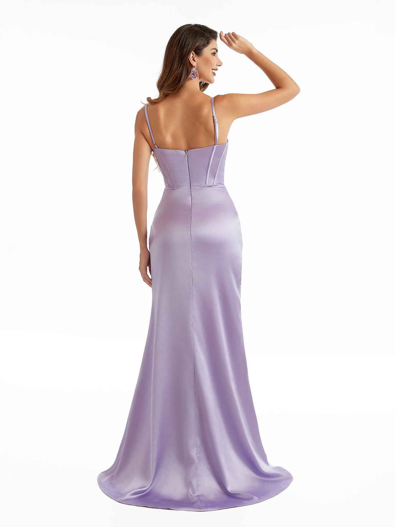 Sexy Spaghetti Straps Side Split Mermaid Silky Satin Long Bridesmaid Dresses