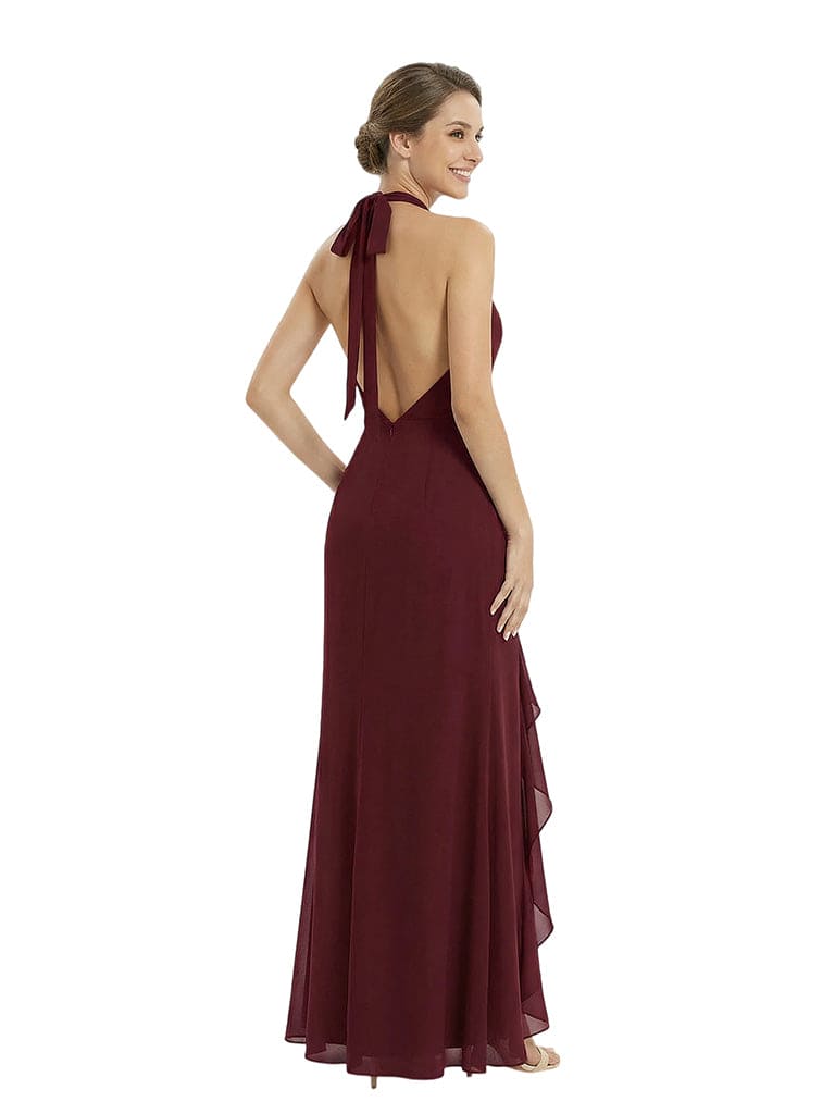 Modern Halter Neck Backless Mermaid Mother of The Bride Gown With Ruffle Slit
